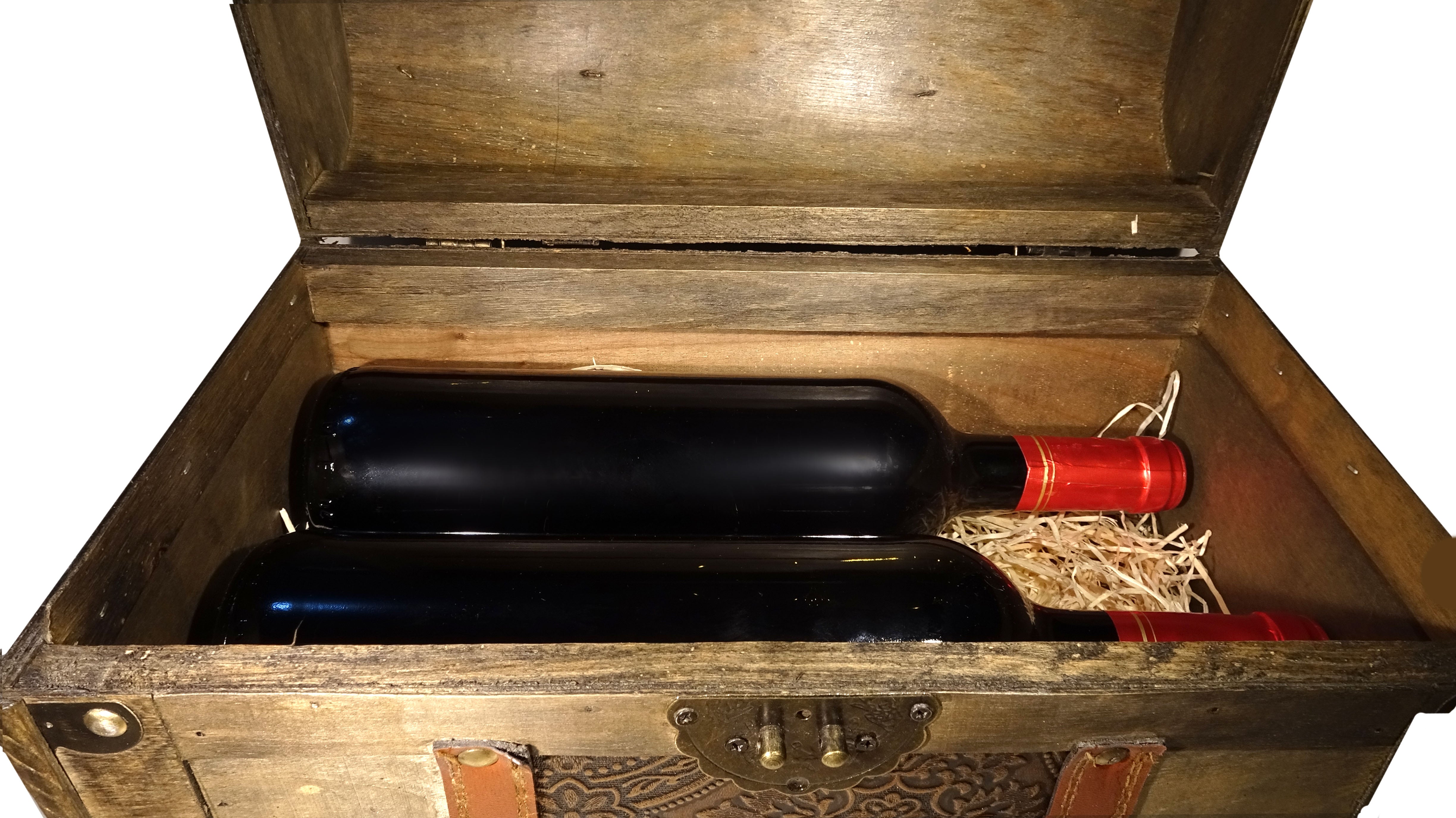 Cofre de madera con 1 botella de vino denominación de origen Jumilla abierto- Delampa