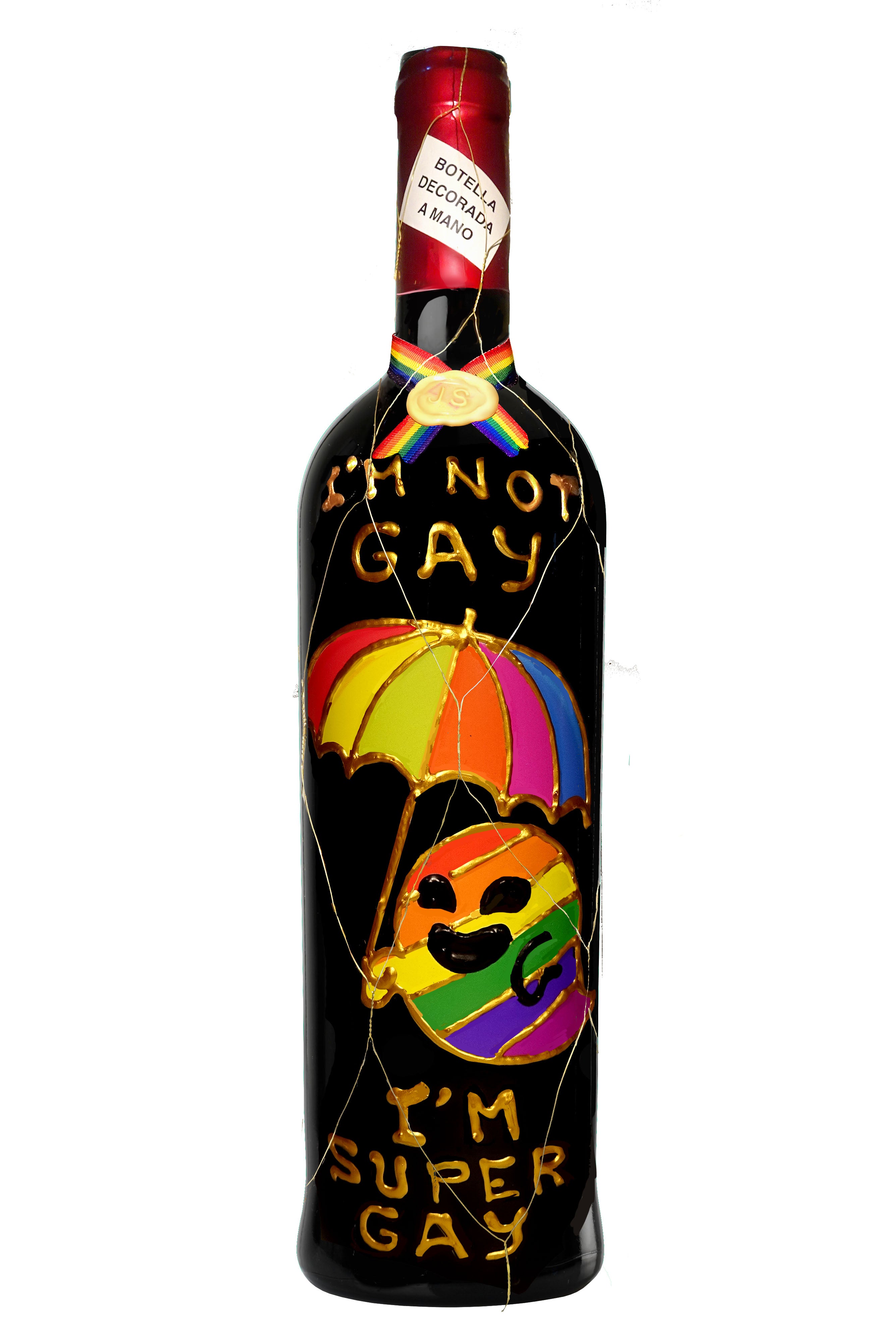 Botella Vino Jumilla Regalo Bandera LGTBI (I'm Not Gay I'm Super Gay) - Delampa
